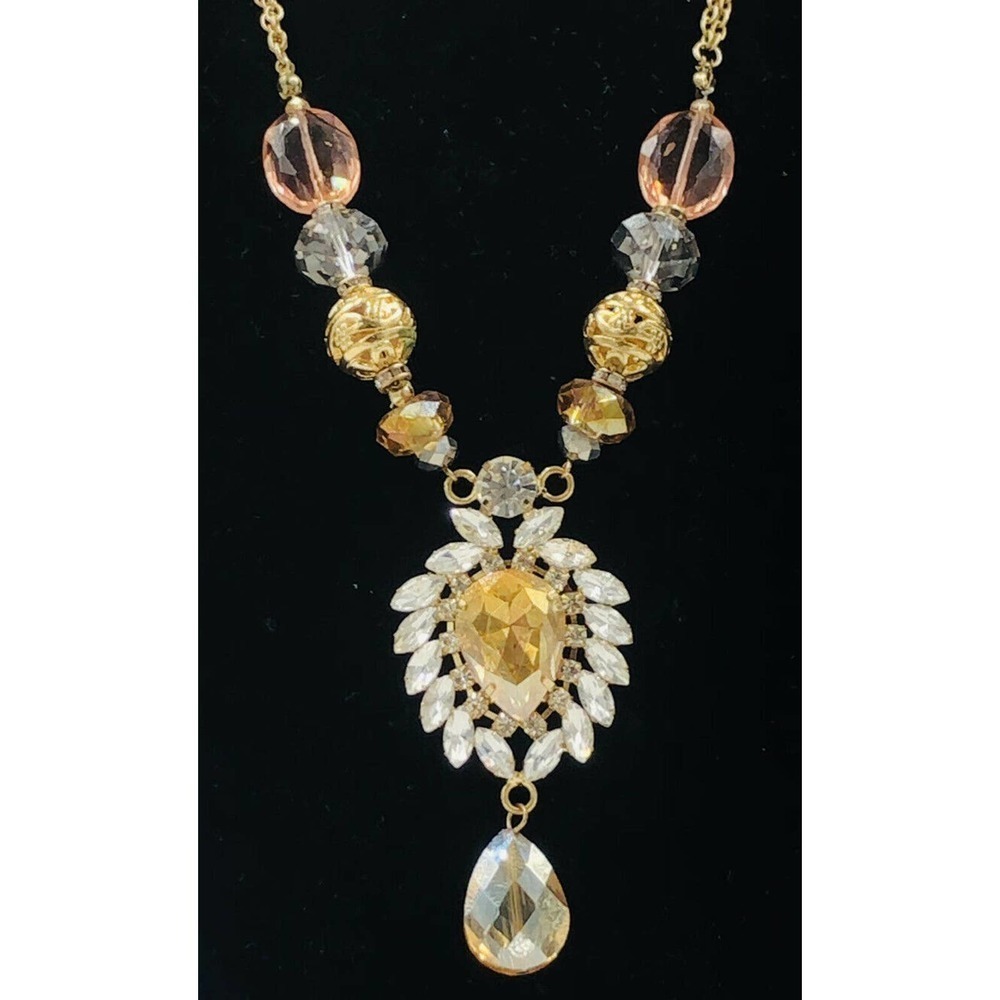Statement Multi Color Crystal Necklace Rhinestone Cabochon Gold Tone Jewelry